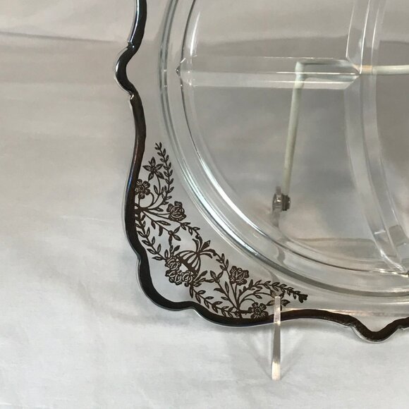 Vintage Silver Overlay Square Glass 3-Section Divided 10" Dish - Picture 6 of 9